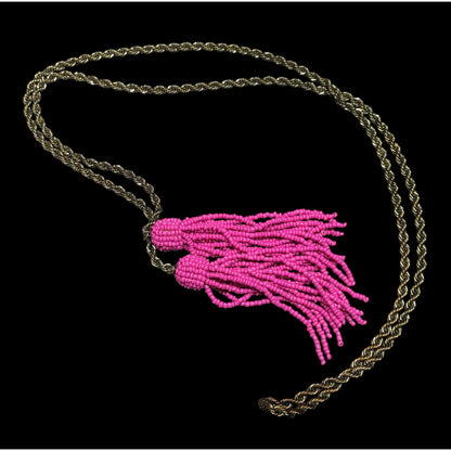 Pink Glass Beaded Fringe End Gold Tone Chain Wrap Necklace