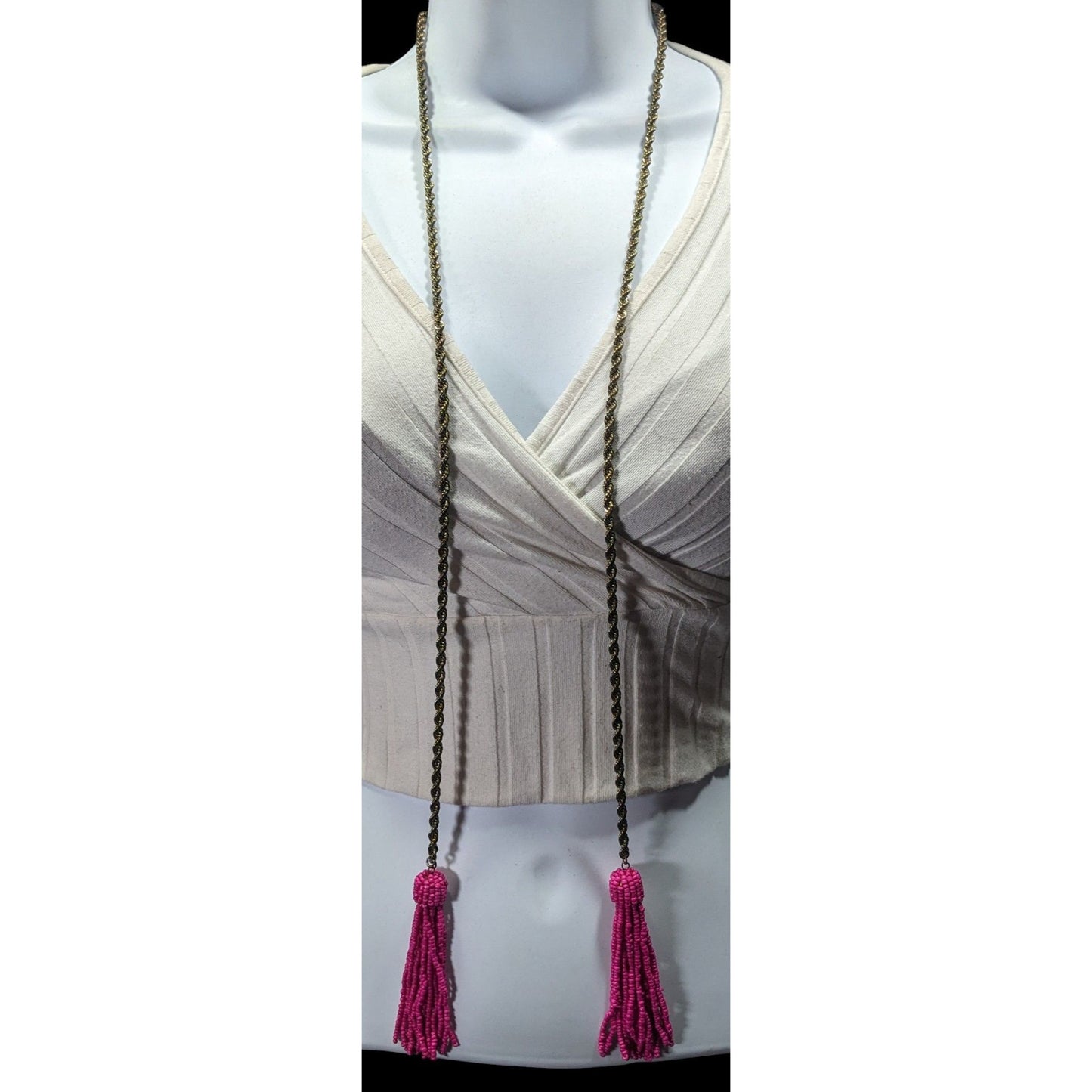 Pink Glass Beaded Fringe End Gold Tone Chain Wrap Necklace