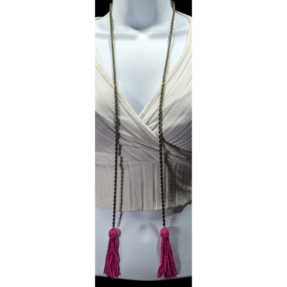 Pink Glass Beaded Fringe End Gold Tone Chain Wrap Necklace