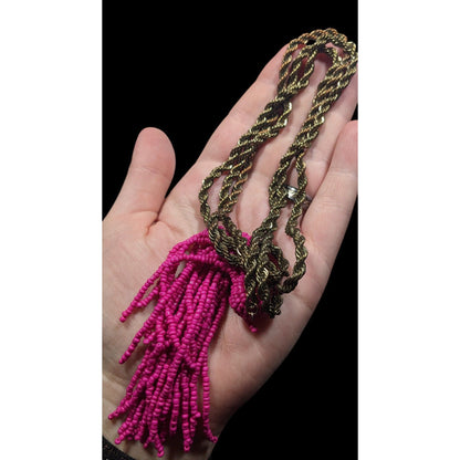 Pink Glass Beaded Fringe End Gold Tone Chain Wrap Necklace