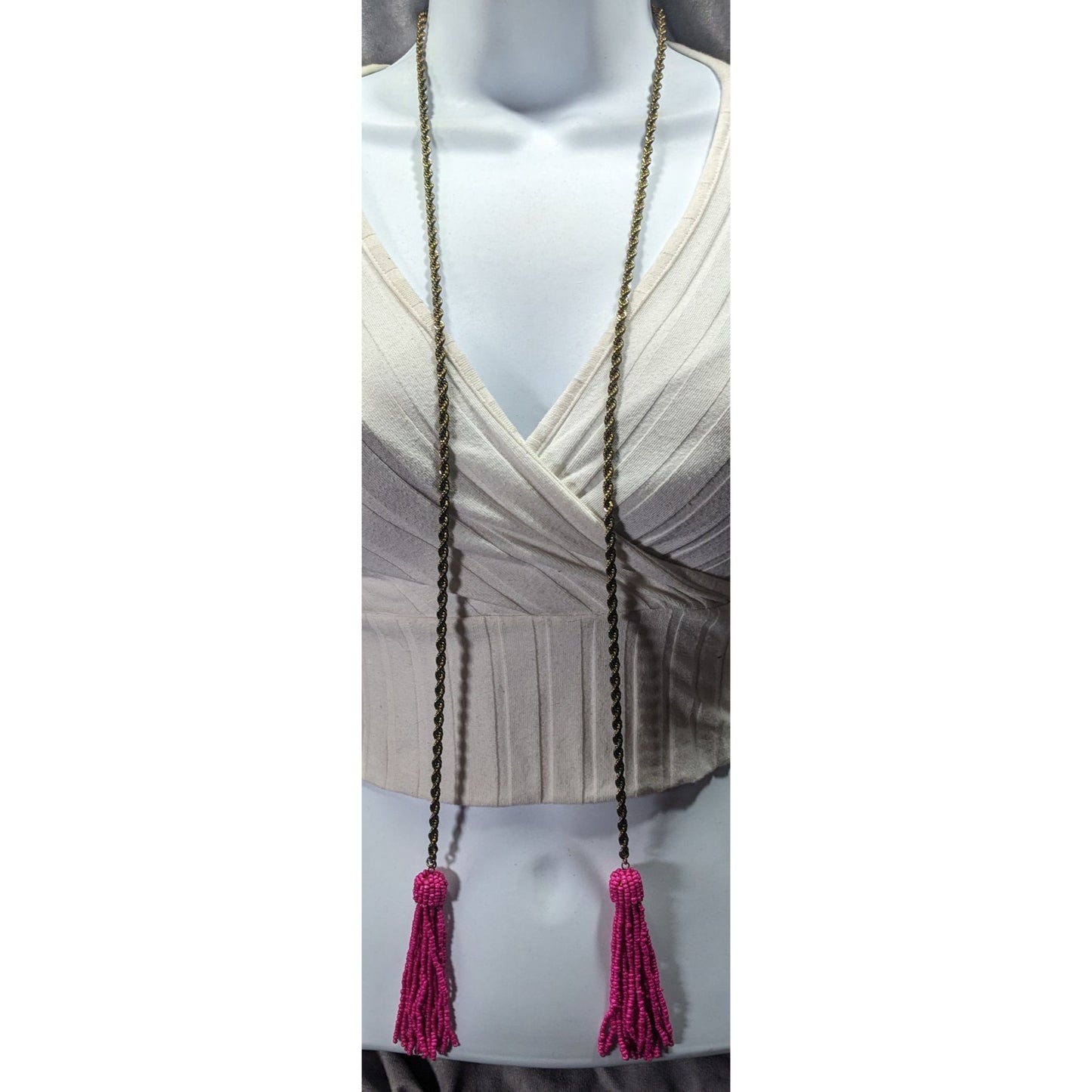 Pink Glass Beaded Fringe End Gold Tone Chain Wrap Necklace