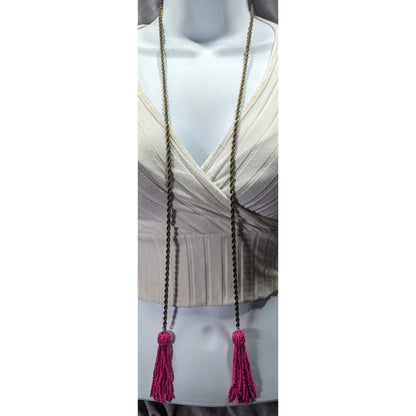 Pink Glass Beaded Fringe End Gold Tone Chain Wrap Necklace