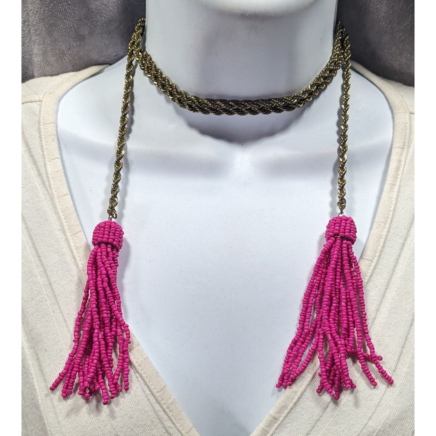 Pink Glass Beaded Fringe End Gold Tone Chain Wrap Necklace