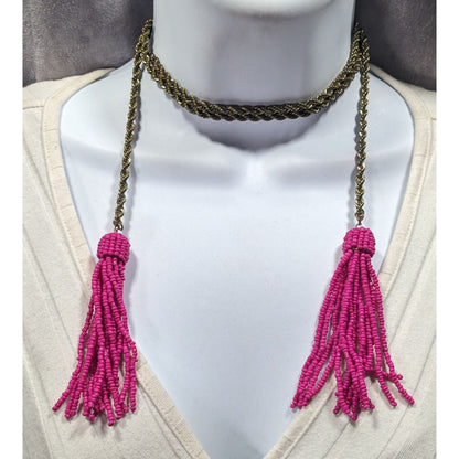 Pink Glass Beaded Fringe End Gold Tone Chain Wrap Necklace