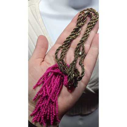 Pink Glass Beaded Fringe End Gold Tone Chain Wrap Necklace