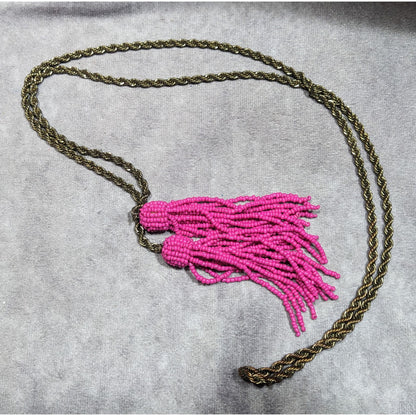 Pink Glass Beaded Fringe End Gold Tone Chain Wrap Necklace