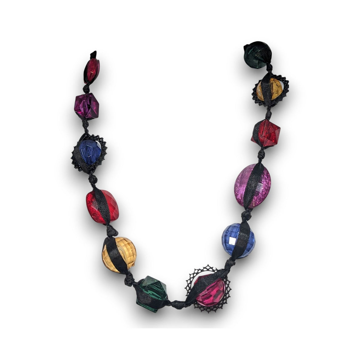 Whimsigoth Maximalist Crackle Gem Multicolor Ribbon Necklace 20 Inch