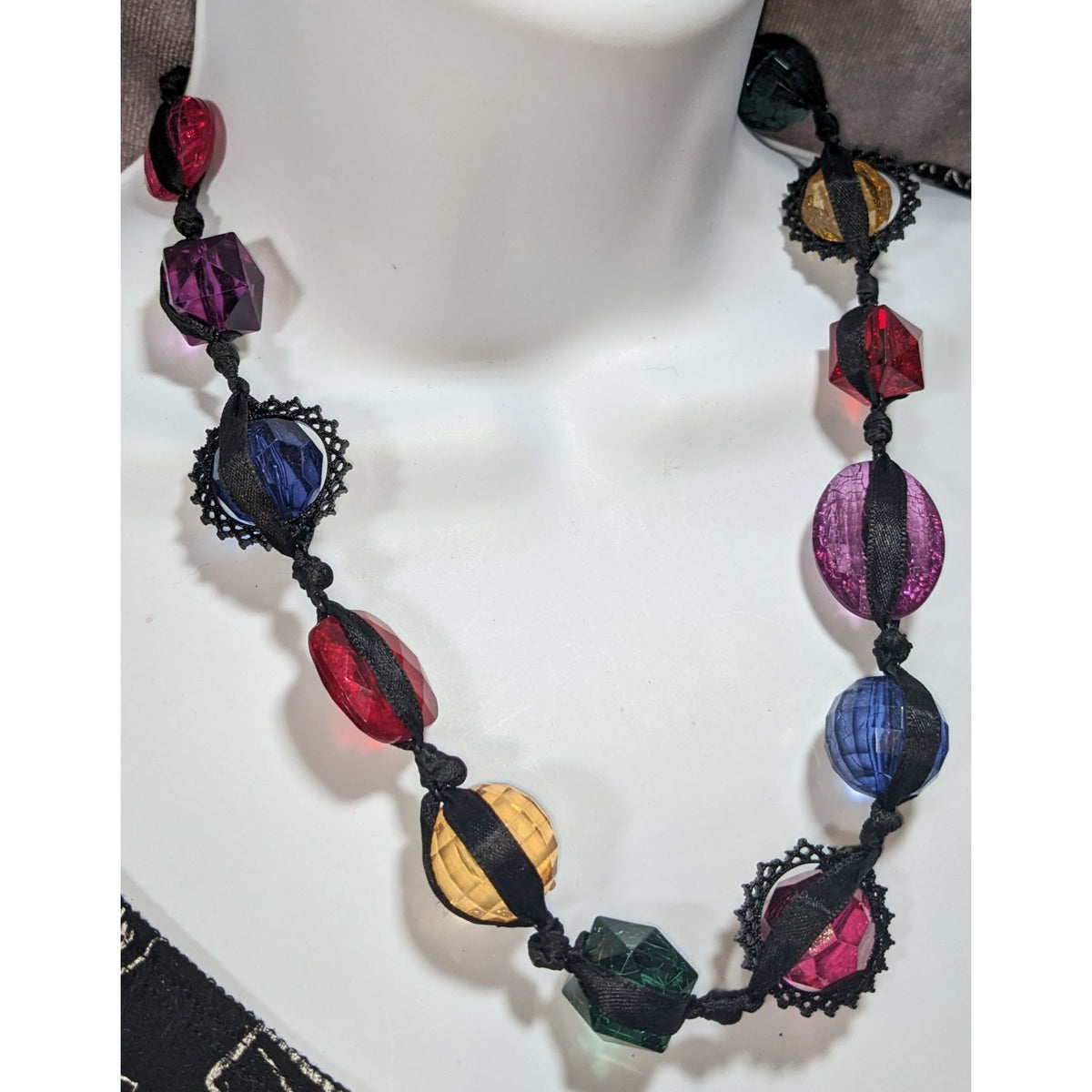Whimsigoth Maximalist Crackle Gem Multicolor Ribbon Necklace 20 Inch