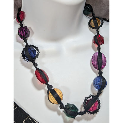 Whimsigoth Maximalist Crackle Gem Multicolor Ribbon Necklace 20 Inch