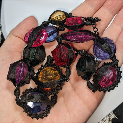 Whimsigoth Maximalist Crackle Gem Multicolor Ribbon Necklace 20 Inch