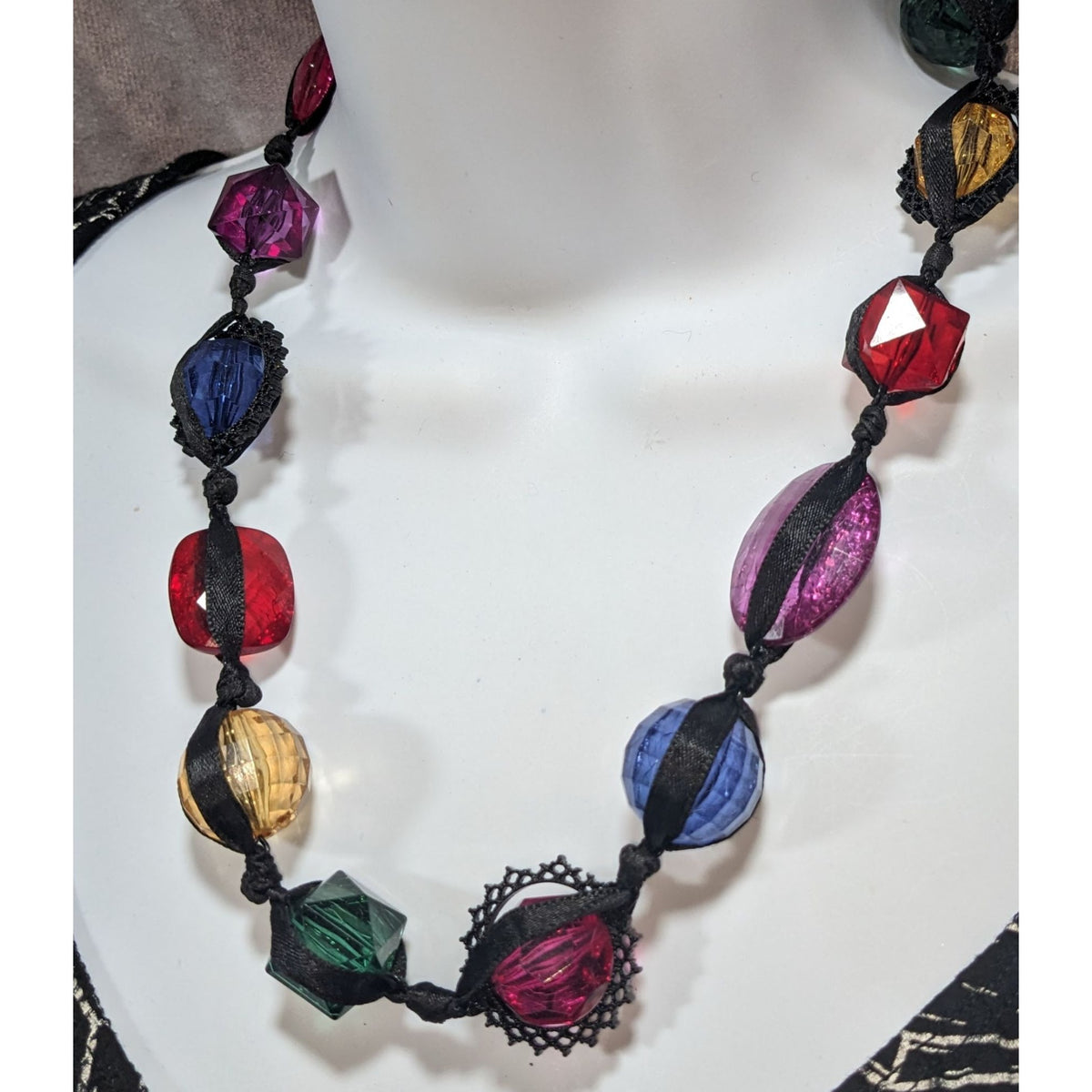 Whimsigoth Maximalist Crackle Gem Multicolor Ribbon Necklace 20 Inch