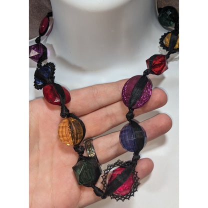 Whimsigoth Maximalist Crackle Gem Multicolor Ribbon Necklace 20 Inch