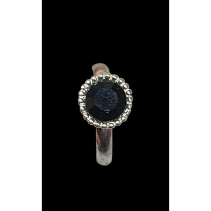 Simple Black Gemmed Silver Tone Ring Adjustable Size 6 1/2