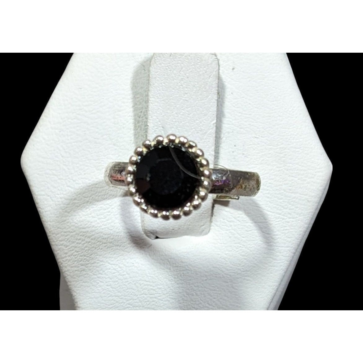 Simple Black Gemmed Silver Tone Ring Adjustable Size 6 1/2