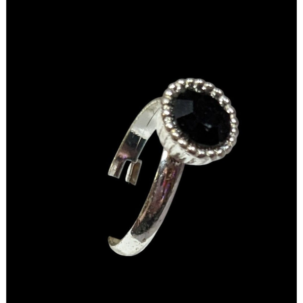 Simple Black Gemmed Silver Tone Ring Adjustable Size 6 1/2