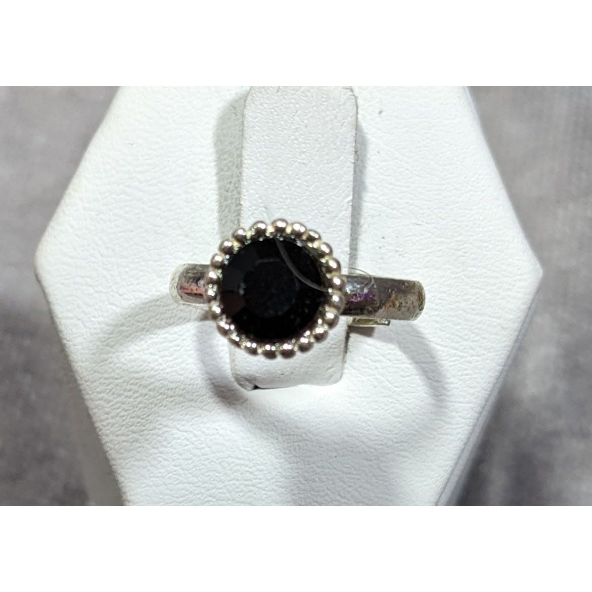 Simple Black Gemmed Silver Tone Ring Adjustable Size 6 1/2