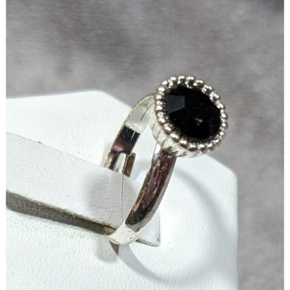 Simple Black Gemmed Silver Tone Ring Adjustable Size 6 1/2