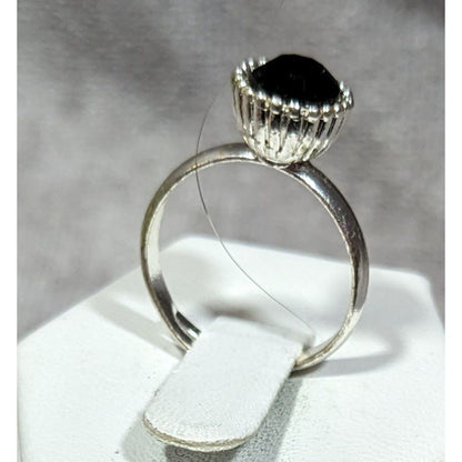 Simple Black Gemmed Silver Tone Ring Adjustable Size 6 1/2
