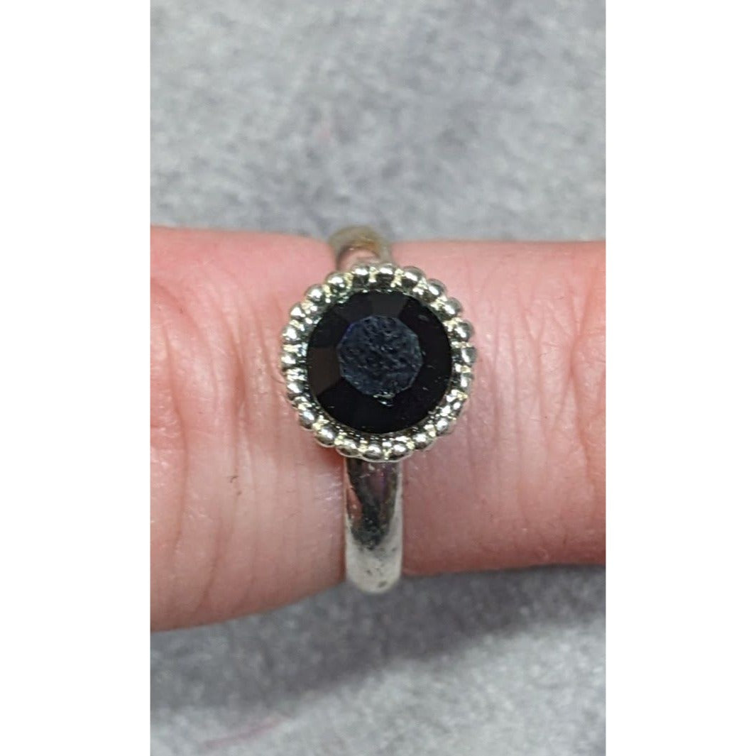 Simple Black Gemmed Silver Tone Ring Adjustable Size 6 1/2