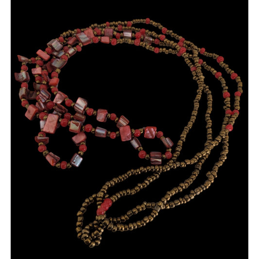 Vintage Boho Tribal Red Gold Multi Strand Beaded Long Statement Necklace