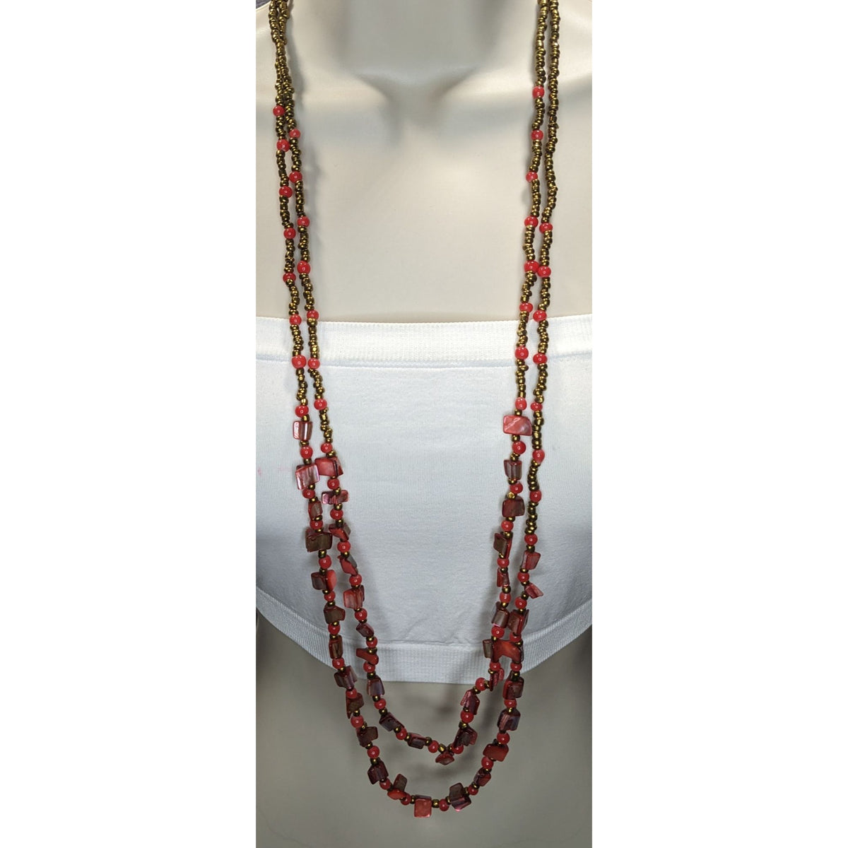Vintage Boho Tribal Red Gold Multi Strand Beaded Long Statement Necklace