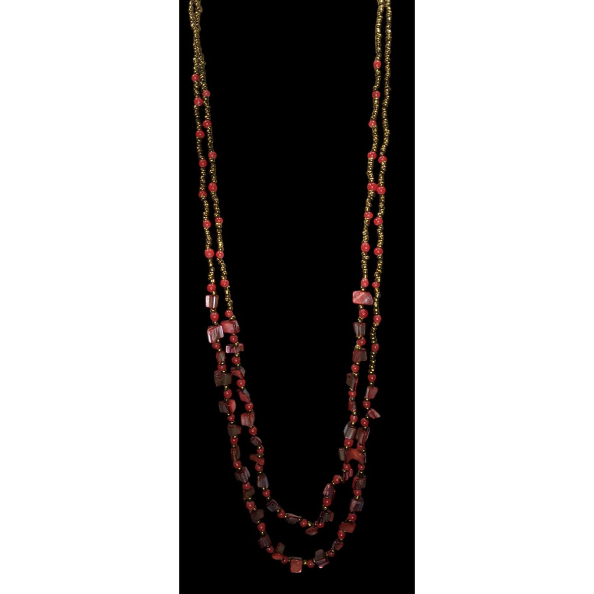Vintage Boho Tribal Red Gold Multi Strand Beaded Long Statement Necklace