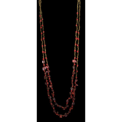 Vintage Boho Tribal Red Gold Multi Strand Beaded Long Statement Necklace