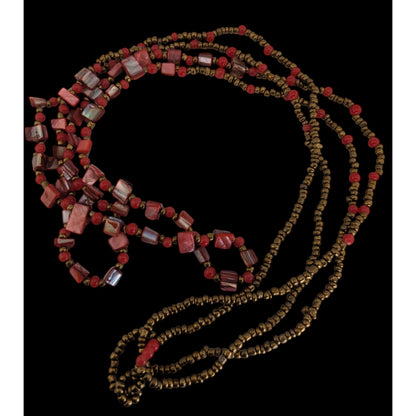 Vintage Boho Tribal Red Gold Multi Strand Beaded Long Statement Necklace