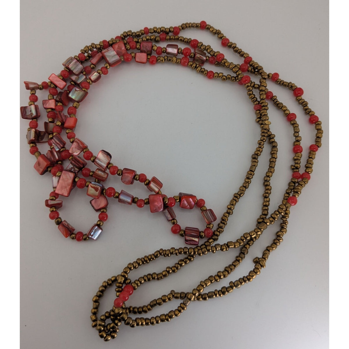 Vintage Boho Tribal Red Gold Multi Strand Beaded Long Statement Necklace