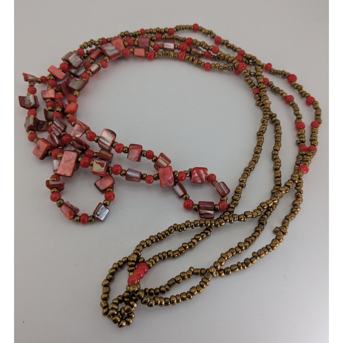 Vintage Boho Tribal Red Gold Multi Strand Beaded Long Statement Necklace