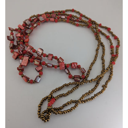 Vintage Boho Tribal Red Gold Multi Strand Beaded Long Statement Necklace