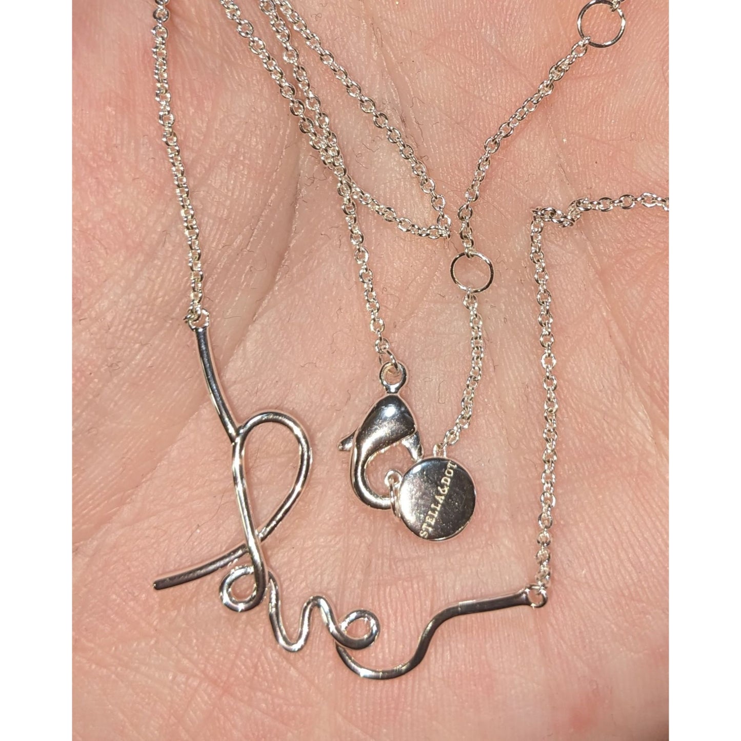 Minimalist Coquette Stella & Dot Love Script Necklace Silver Tone
