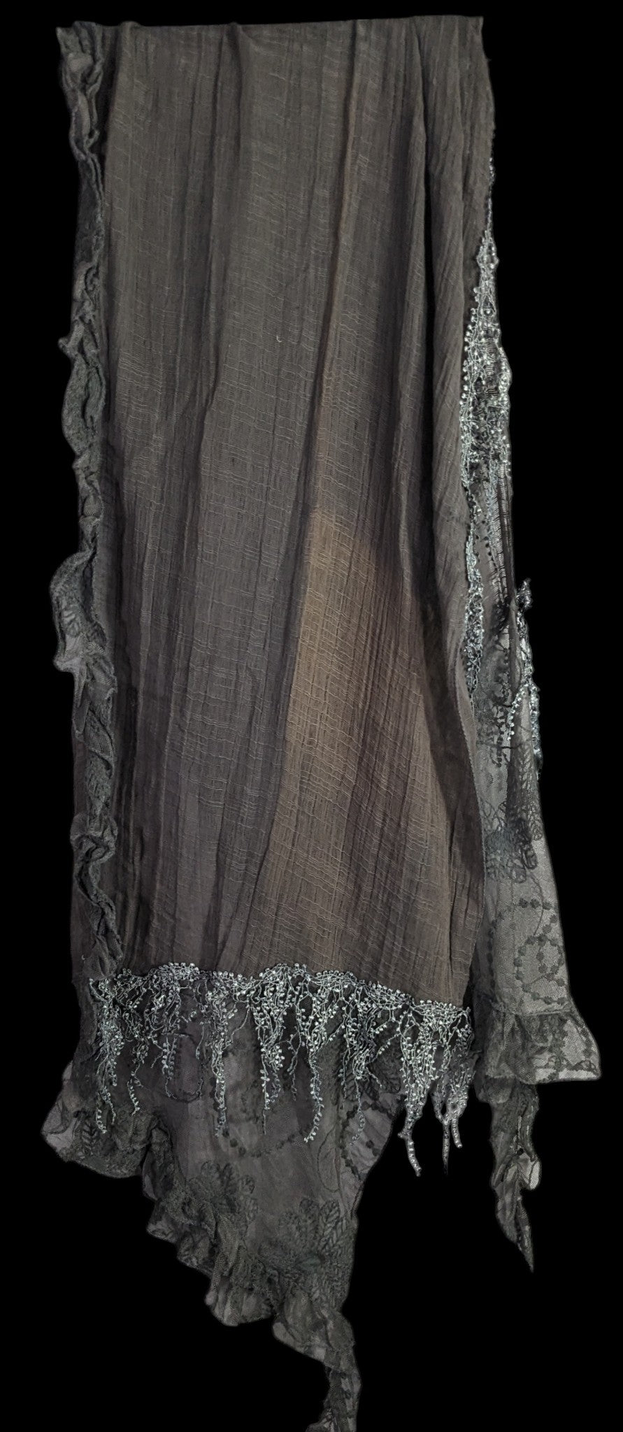 Victorian-Inspired Vintage Whimsygoth Gray Scarf With Lace Detail Distressed Look