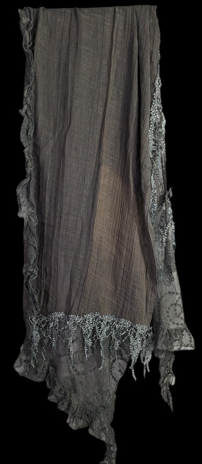 Victorian-Inspired Vintage Whimsygoth Gray Scarf With Lace Detail Distressed Look