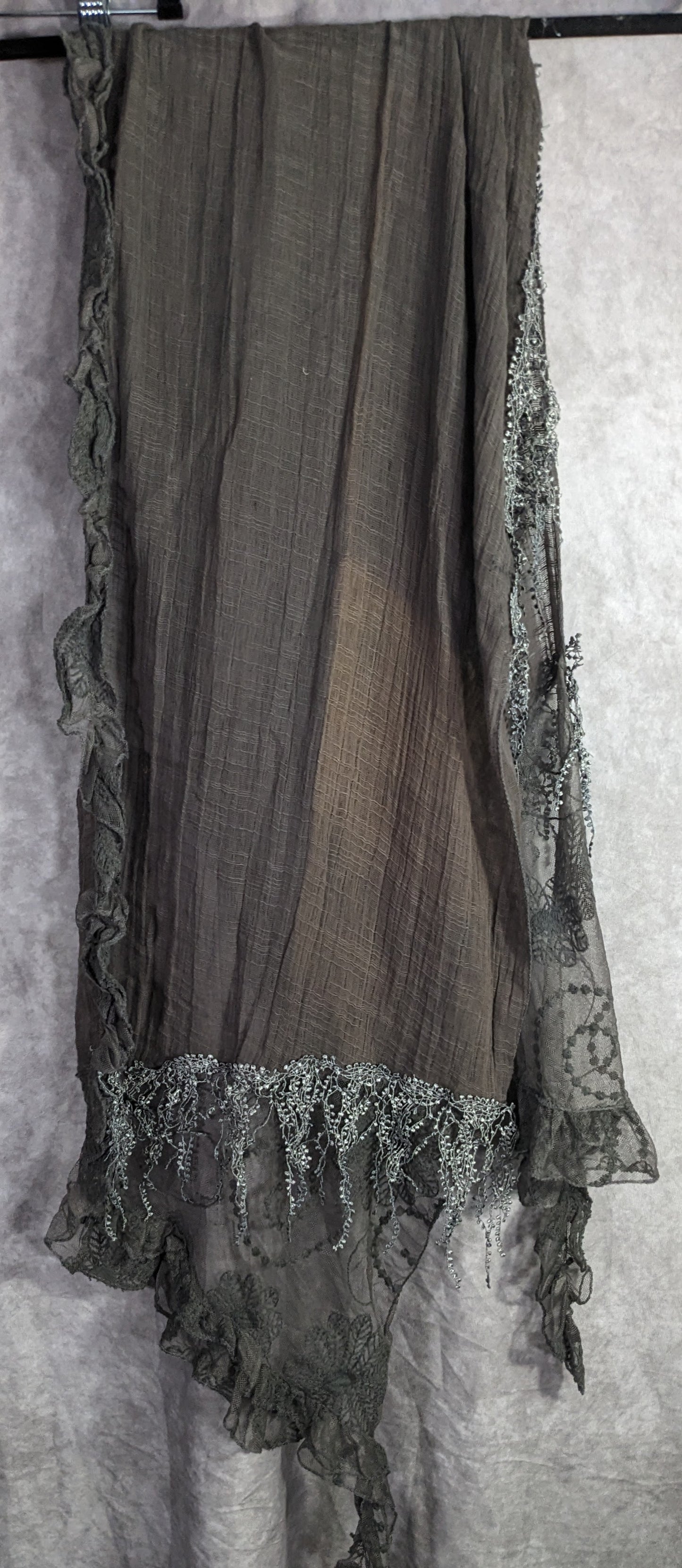 Victorian-Inspired Vintage Whimsygoth Gray Scarf With Lace Detail Distressed Look
