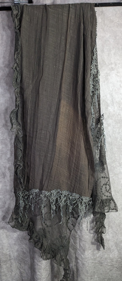 Victorian-Inspired Vintage Whimsygoth Gray Scarf With Lace Detail Distressed Look