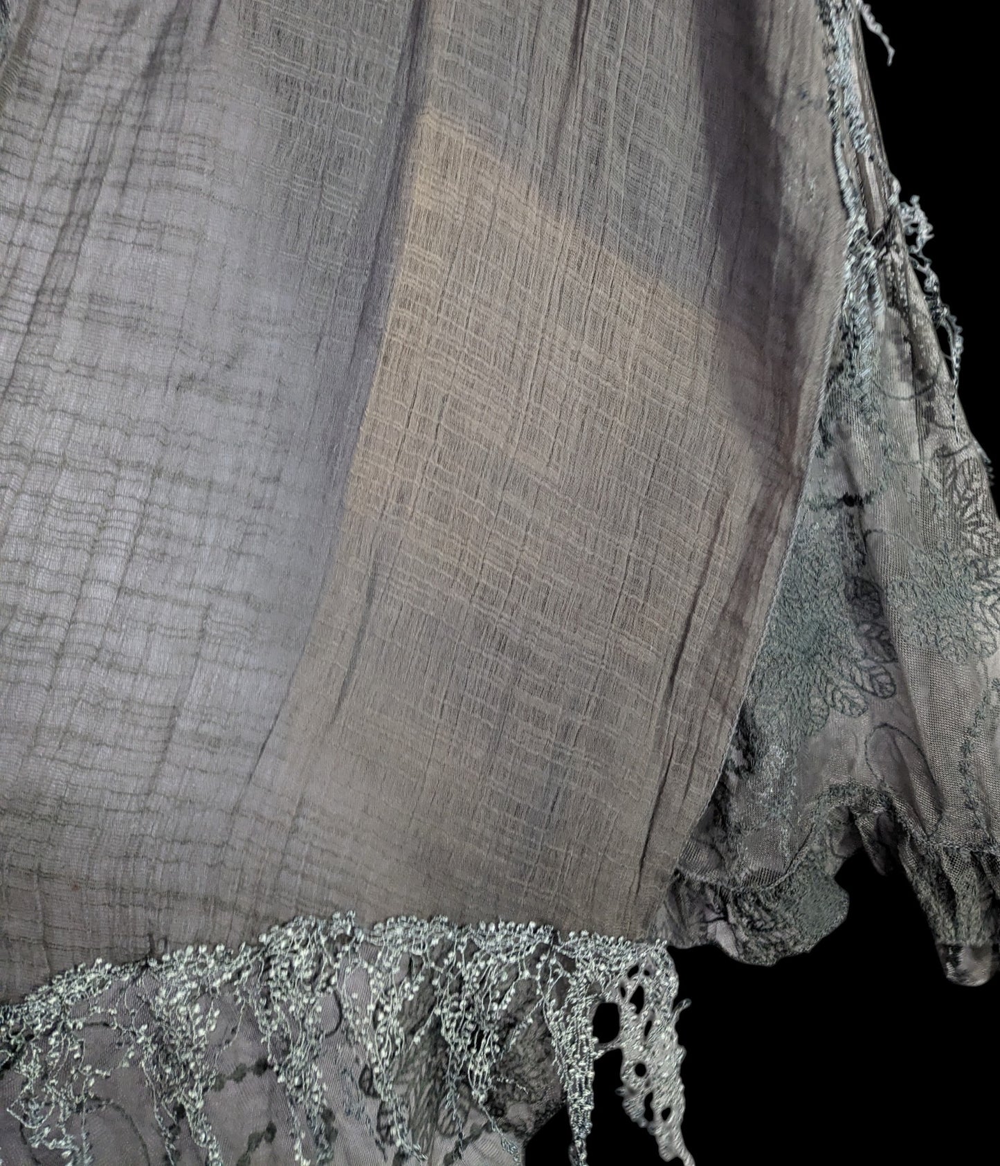 Victorian-Inspired Vintage Whimsygoth Gray Scarf With Lace Detail Distressed Look