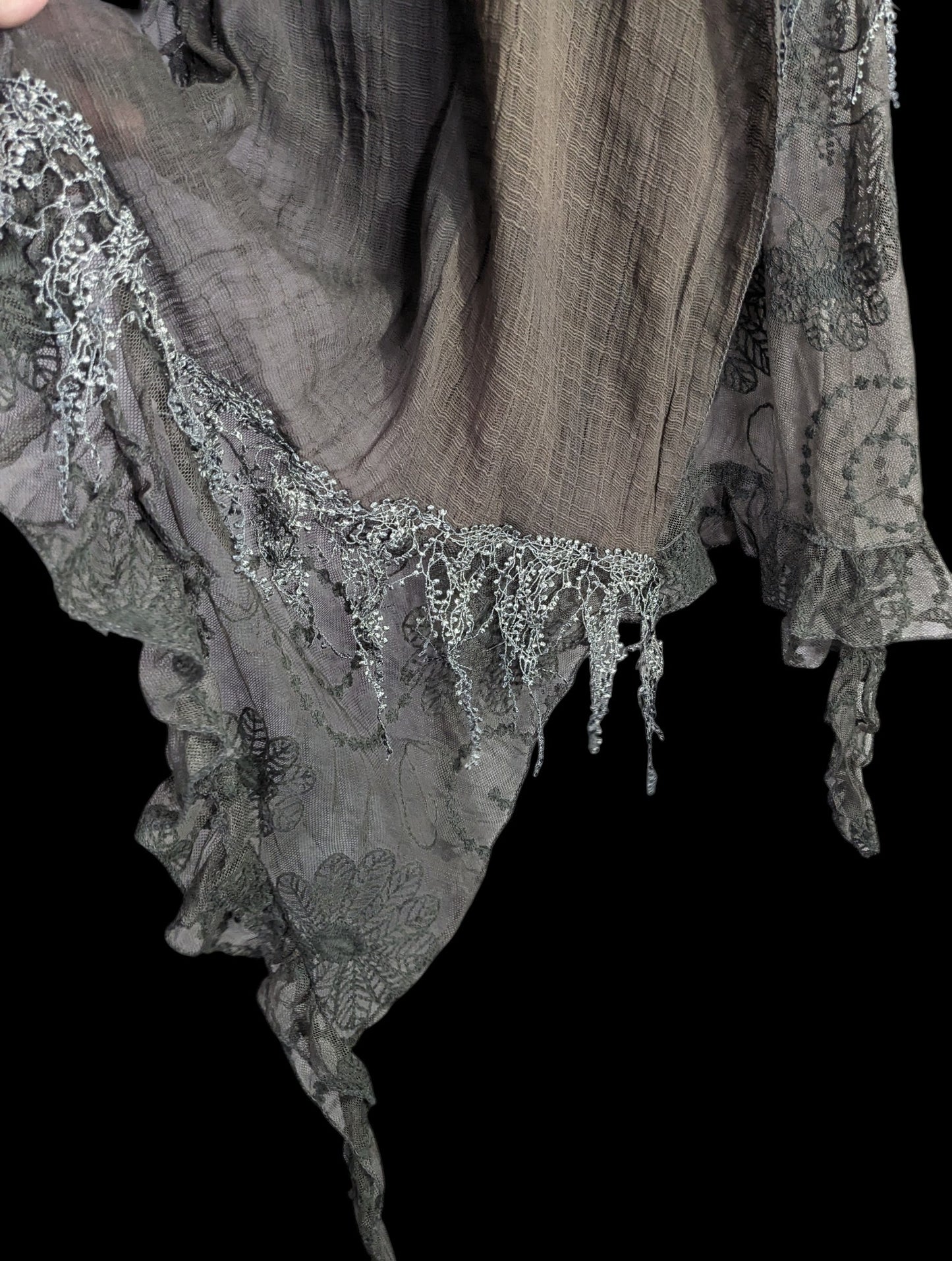 Victorian-Inspired Vintage Whimsygoth Gray Scarf With Lace Detail Distressed Look