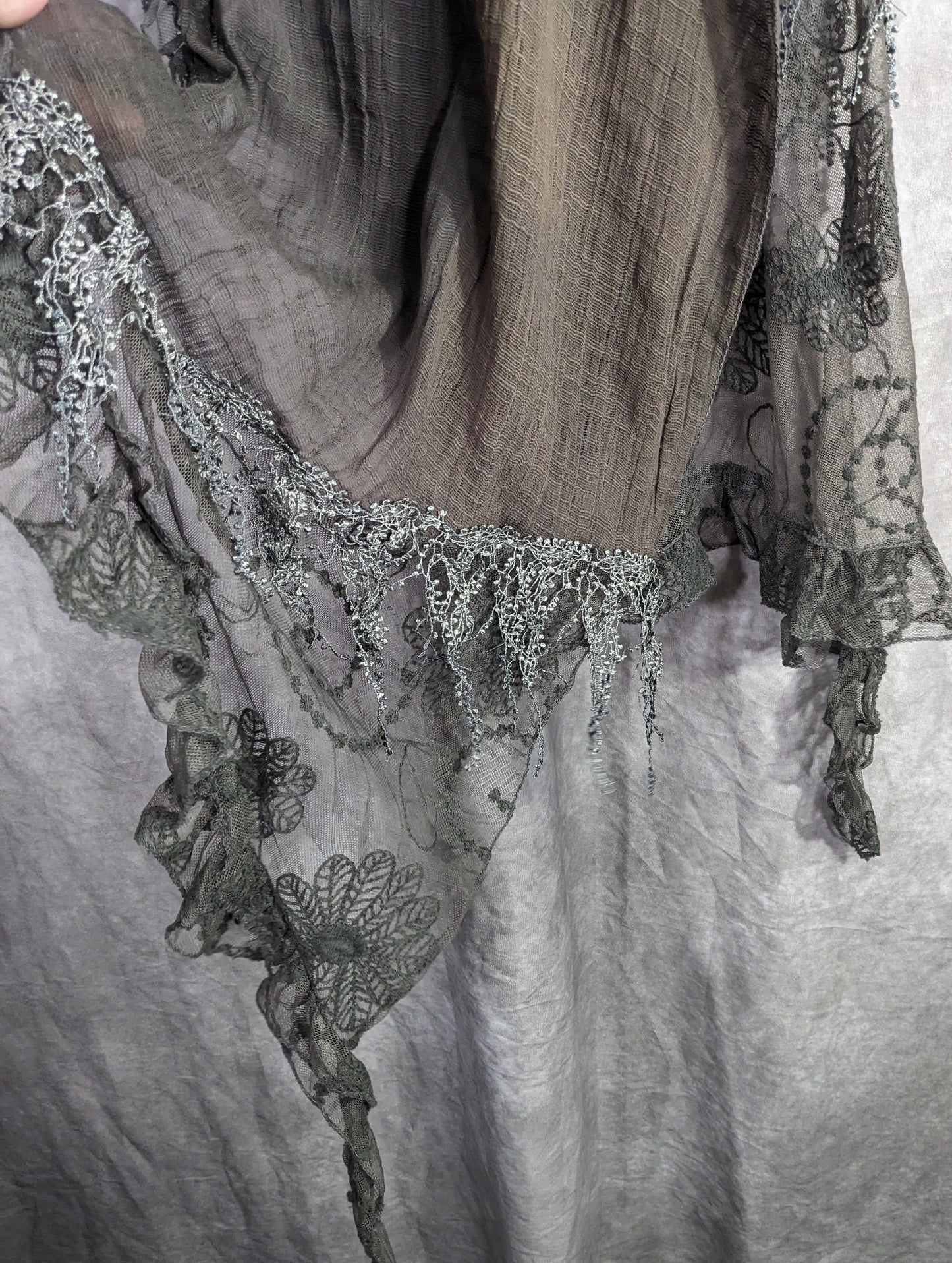 Victorian-Inspired Vintage Whimsygoth Gray Scarf With Lace Detail Distressed Look