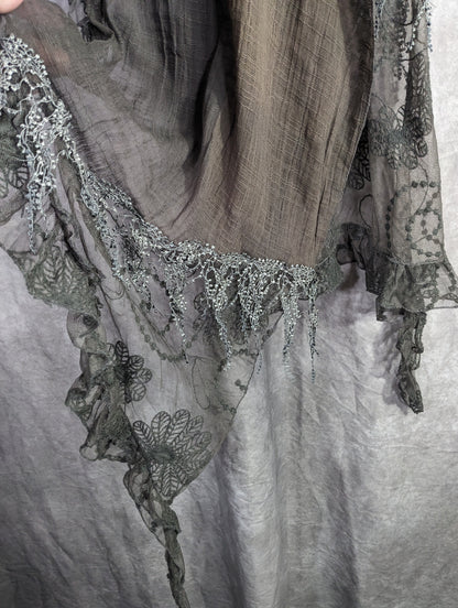 Victorian-Inspired Vintage Whimsygoth Gray Scarf With Lace Detail Distressed Look