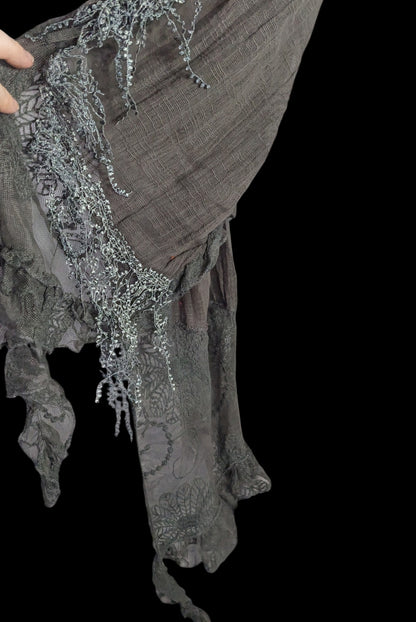 Victorian-Inspired Vintage Whimsygoth Gray Scarf With Lace Detail Distressed Look