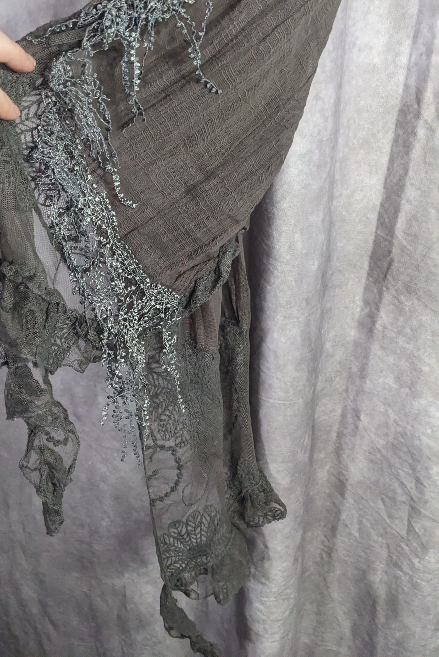 Victorian-Inspired Vintage Whimsygoth Gray Scarf With Lace Detail Distressed Look