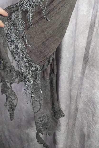 Victorian-Inspired Vintage Whimsygoth Gray Scarf With Lace Detail Distressed Look