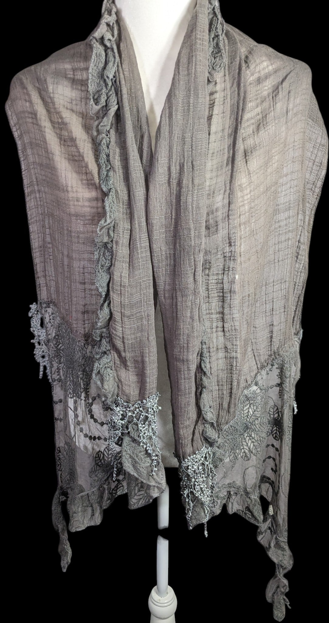 Victorian-Inspired Vintage Whimsygoth Gray Scarf With Lace Detail Distressed Look