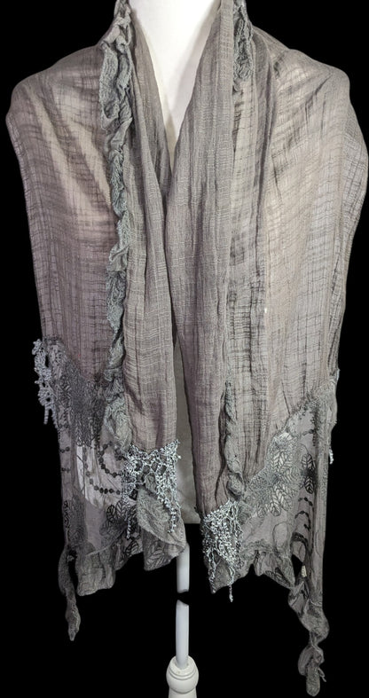 Victorian-Inspired Vintage Whimsygoth Gray Scarf With Lace Detail Distressed Look