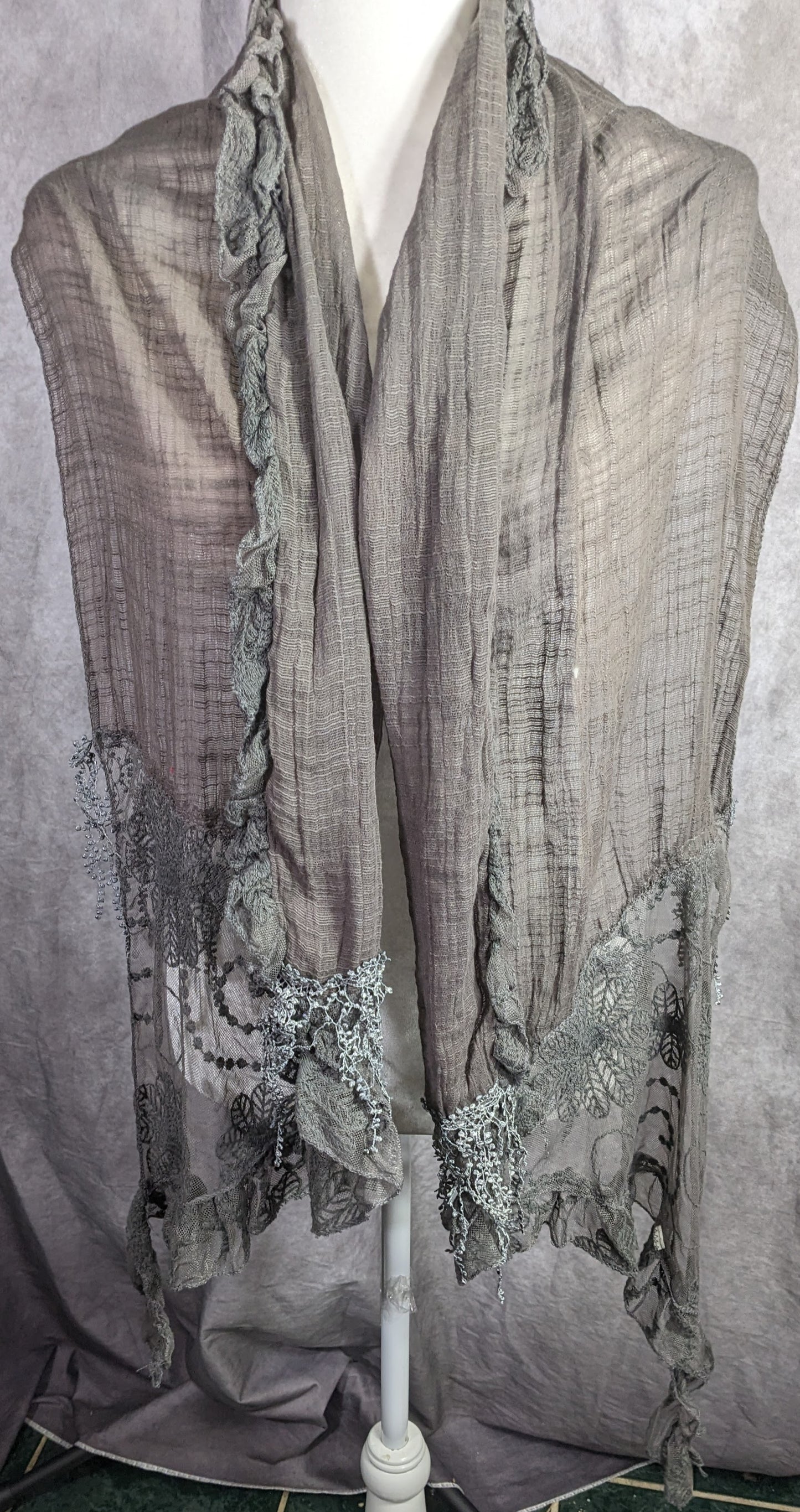 Victorian-Inspired Vintage Whimsygoth Gray Scarf With Lace Detail Distressed Look