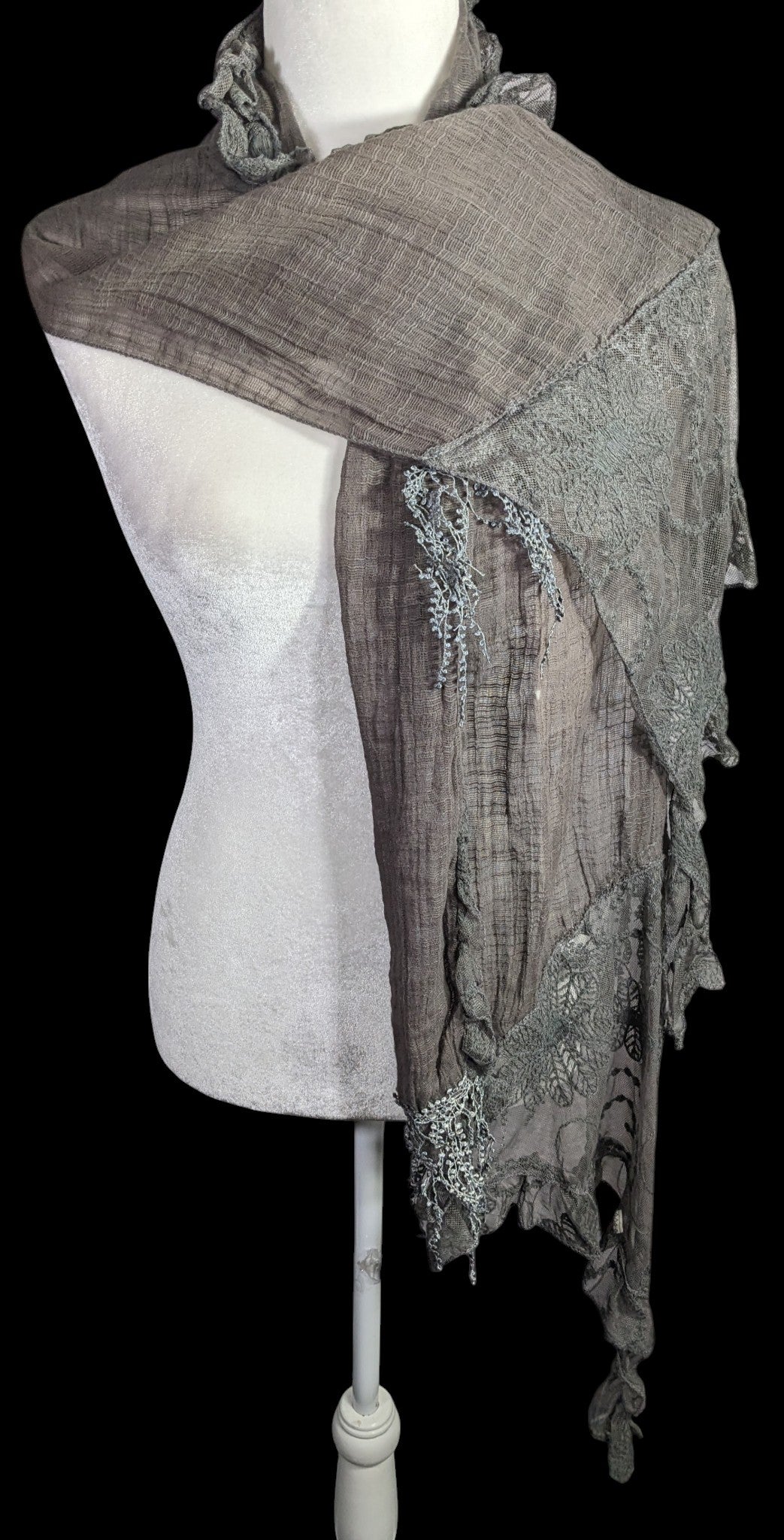 Victorian-Inspired Vintage Whimsygoth Gray Scarf With Lace Detail Distressed Look