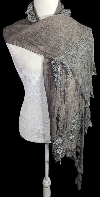 Victorian-Inspired Vintage Whimsygoth Gray Scarf With Lace Detail Distressed Look
