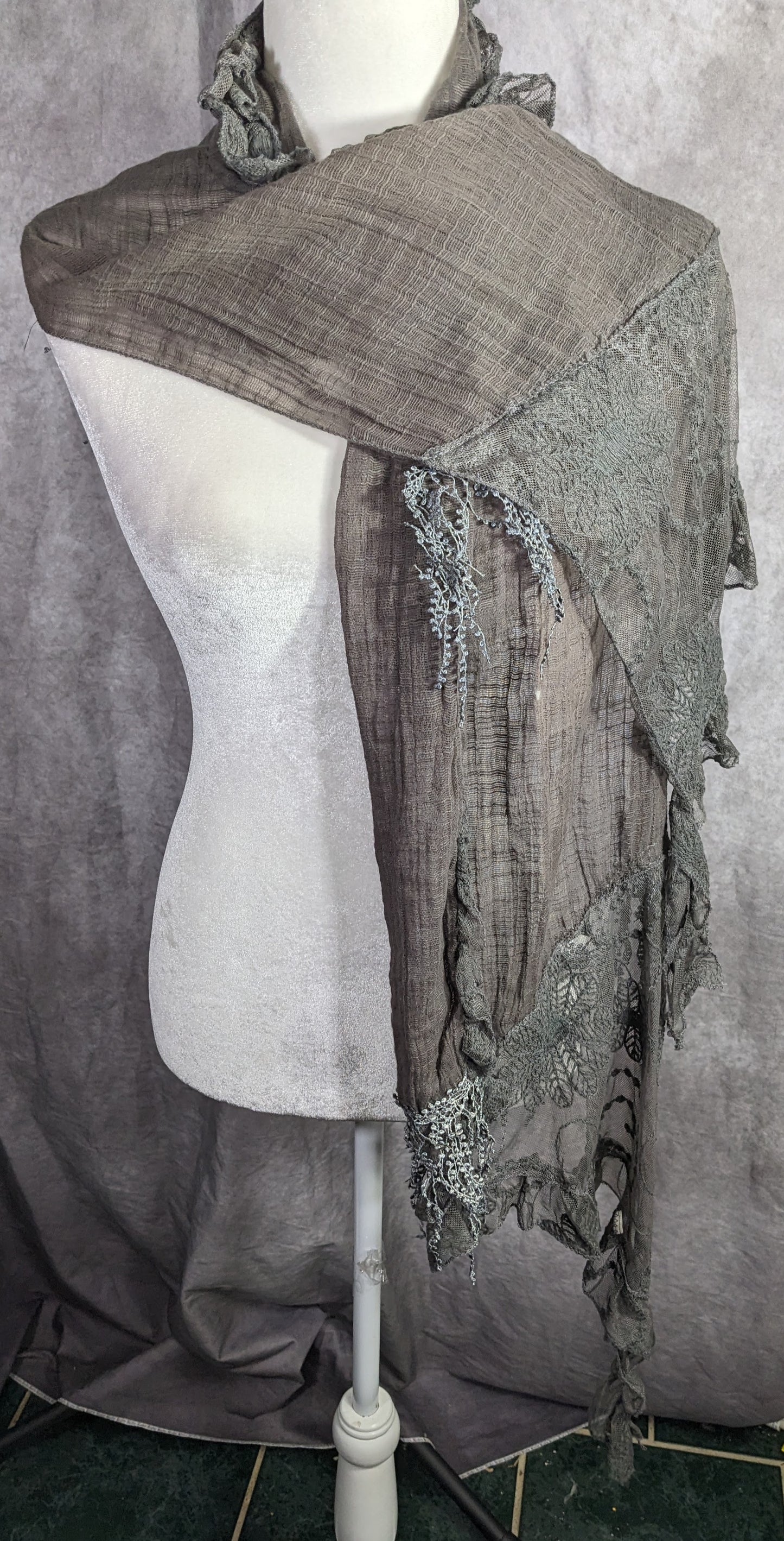 Victorian-Inspired Vintage Whimsygoth Gray Scarf With Lace Detail Distressed Look