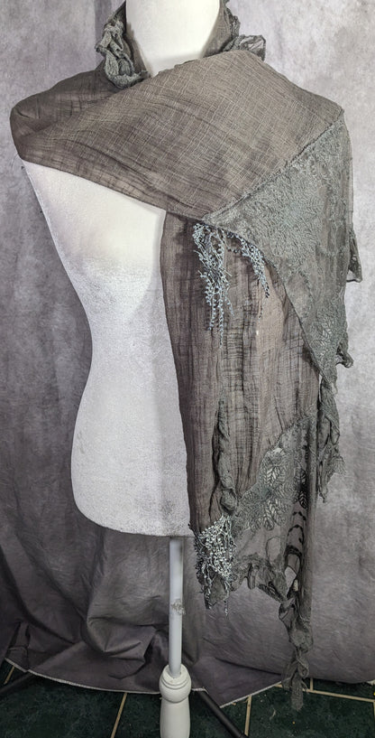 Victorian-Inspired Vintage Whimsygoth Gray Scarf With Lace Detail Distressed Look